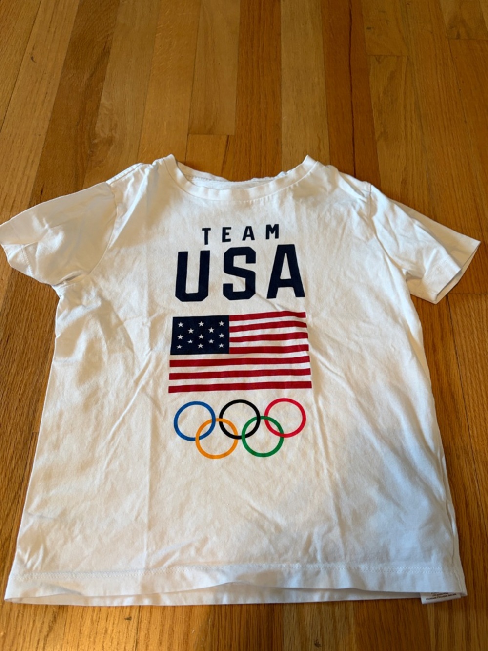 GAP White "Team USA" Olympic Tee with Red, Blue, Black, Green, Yellow